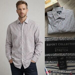 Report Collection Striped floral button-down Dress Shirt Stretch Slim Fit XL 17”